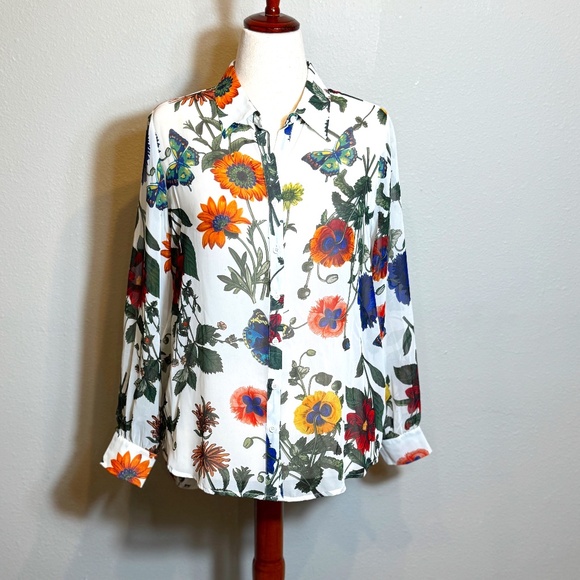 Pleione white with vivid floral pattern long sleeve button up blouse Sz Med - Picture 1 of 9